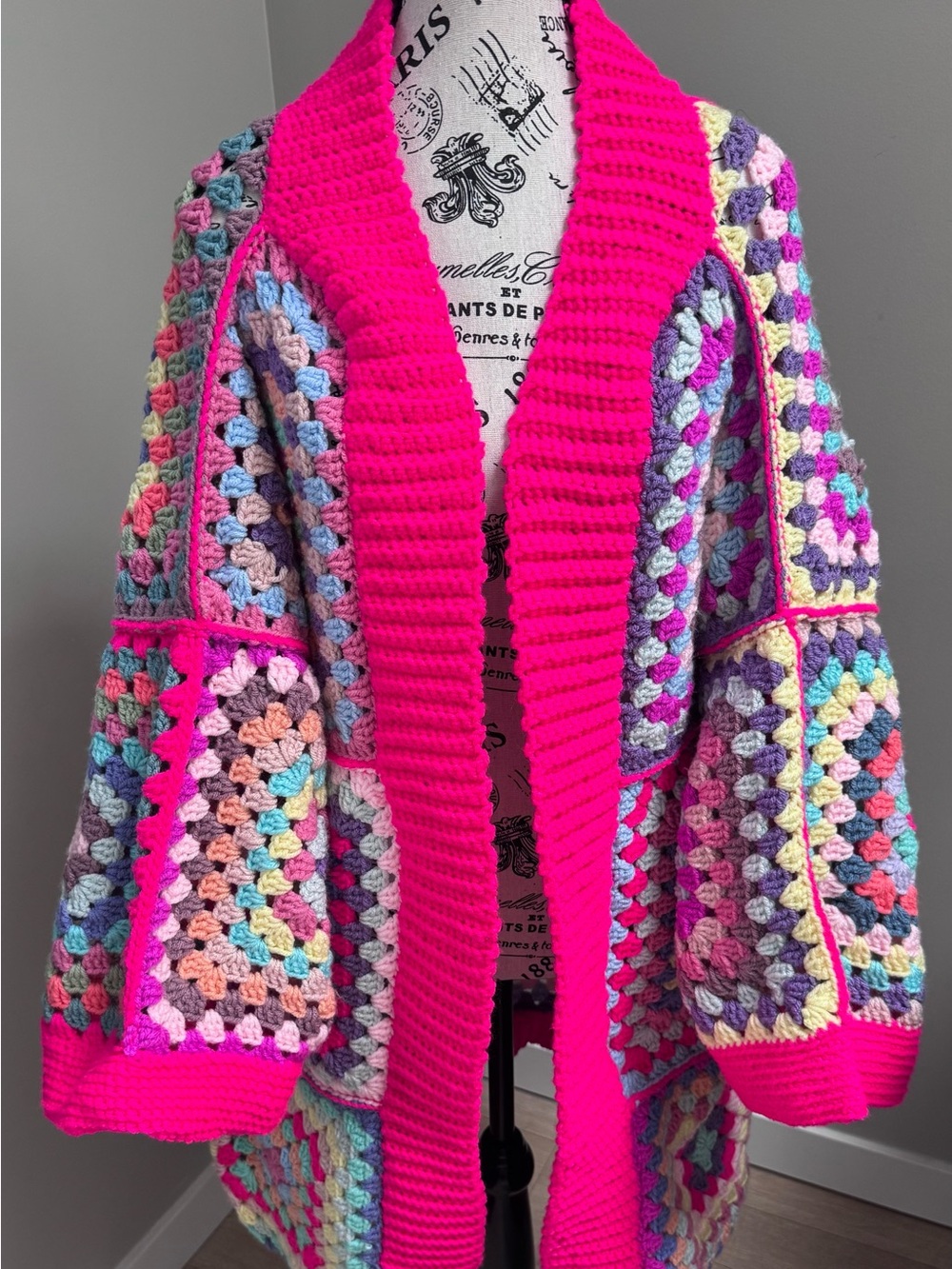 Bright Pink Multicolor Crochet Cardigan Sweater Handmade with Love by L&F